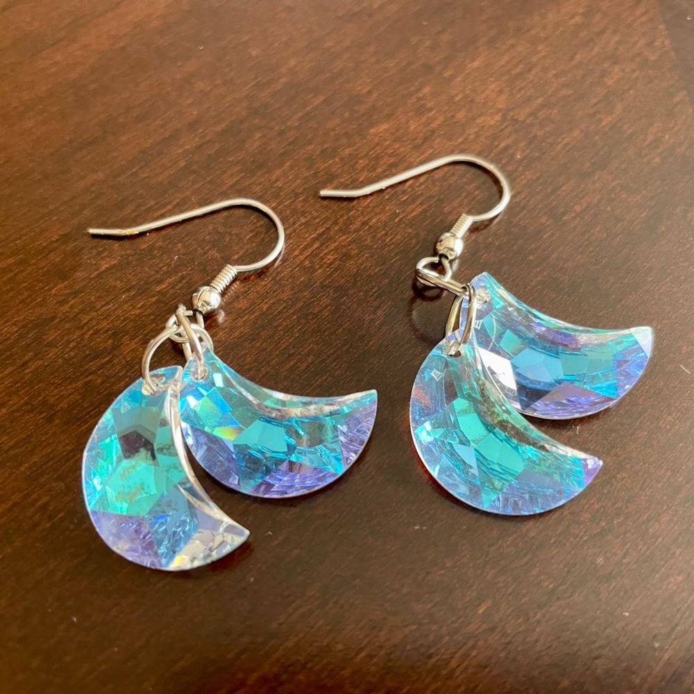 Double Crescent Moon Crystal Earrings With Silver Hooks